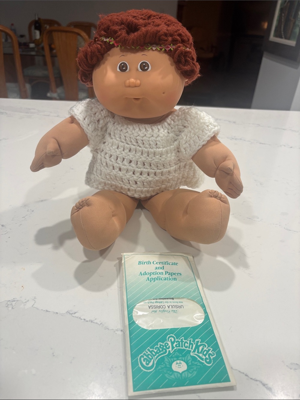 Vintage cabbage, patch, kids Brown-Haired Baby Doll with White Crochet Outfit